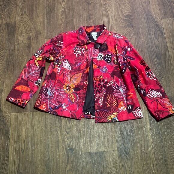Chicos cape Jacket Red water color Floral print‎ lined blazer jacket work - Picture 1 of 9